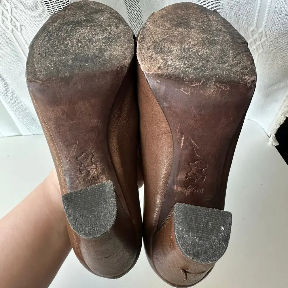 Tory Burch (7.5) Brown Leather Platform Heels- Art Deco, Buckle, Open Toe, Block